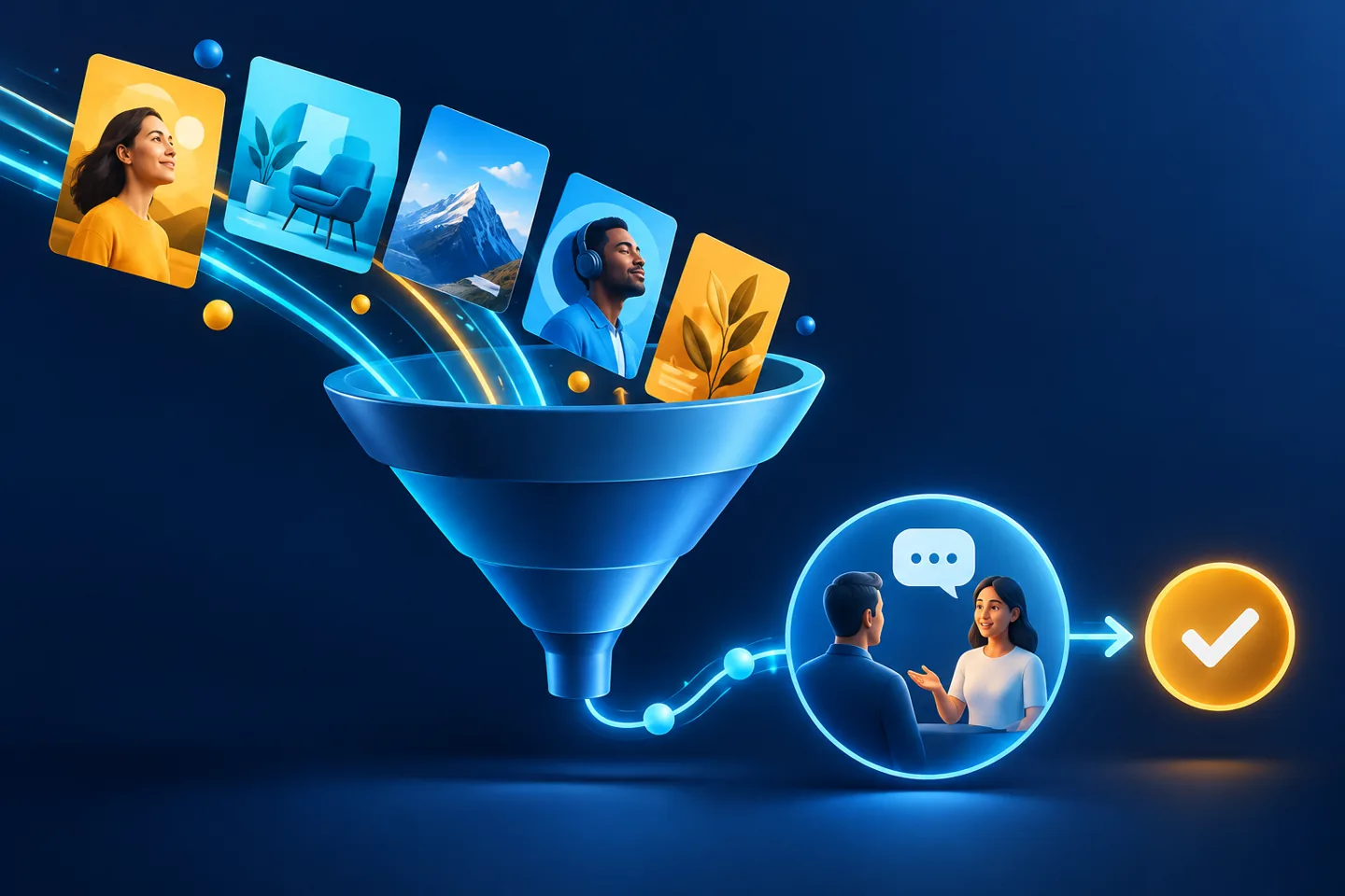 Conceptual advertising creative funnel leading to a conversation and approval checkpoint