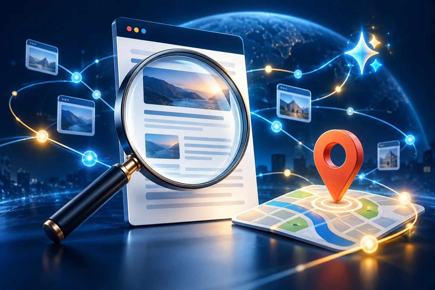 Conceptual search discovery illustration with a magnifying glass, website and local map pin